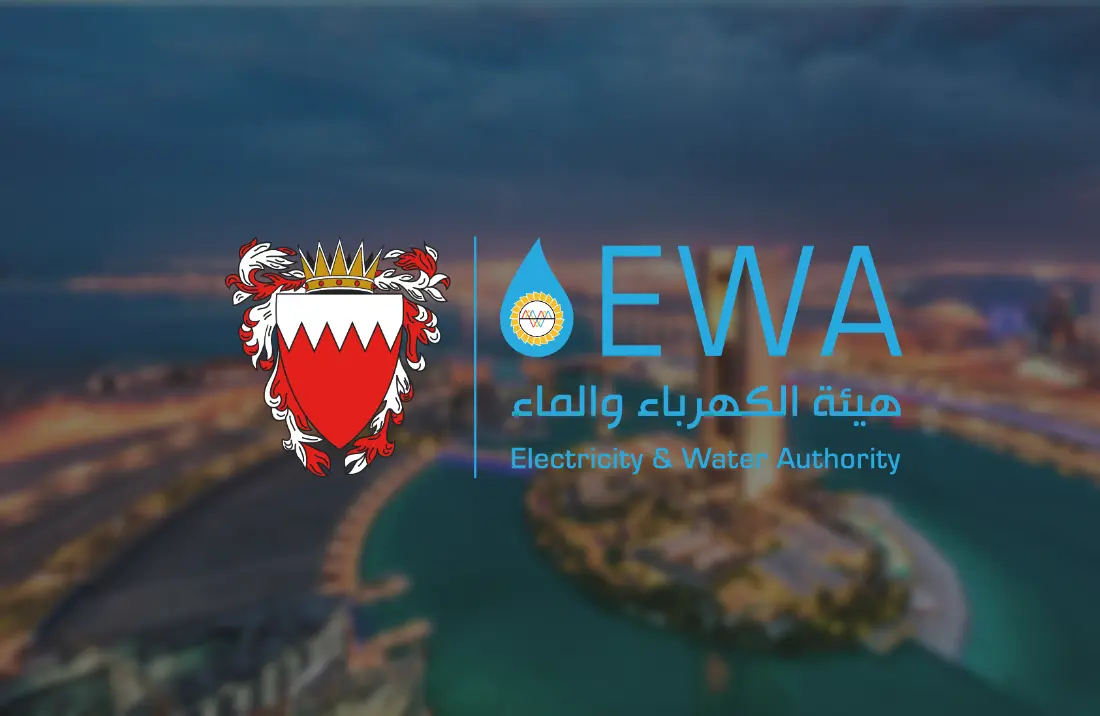 Logo of EWA against a cityscape with a water tower, illustrating the topic of streamlining document clearance processes in Bahrain for efficiency and ease.