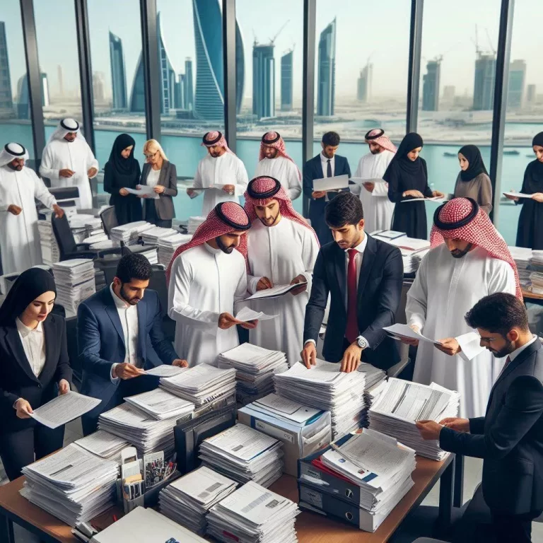 A group of business people in an office surrounded by piles of papers, streamlining the document clearance process in Bahrain through efficient teamwork.