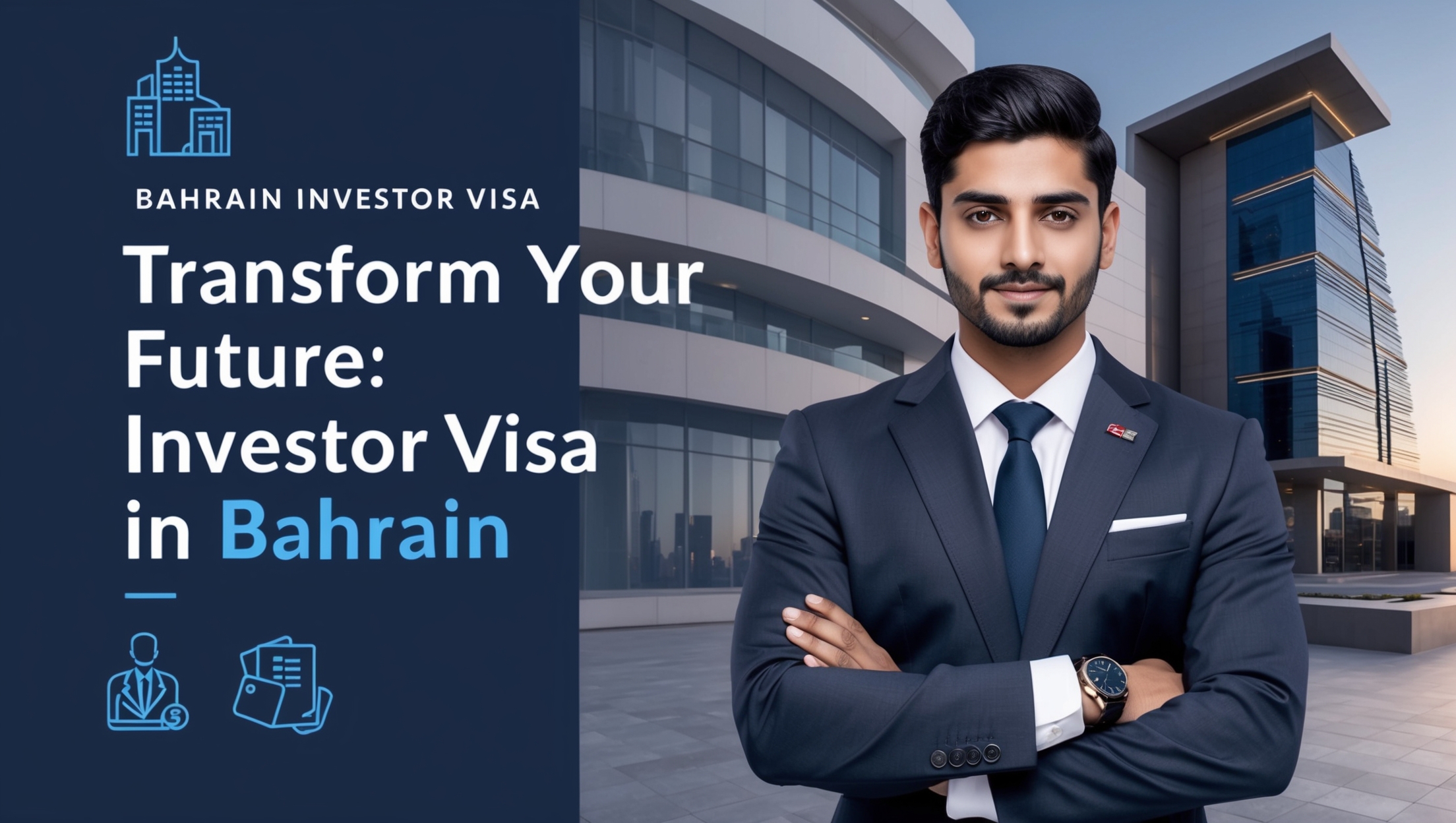 Transform Your Future Investor Visa in Bahrain a man in a suit with his arms crossed